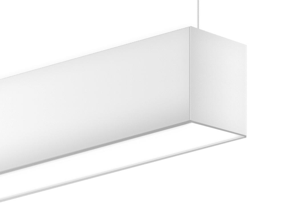suspended linear 3" wide light fixture with extended acrylic lenses for indirect and direct illumination applications in offices, confreence rooms, libraries, schools and other indoor applications