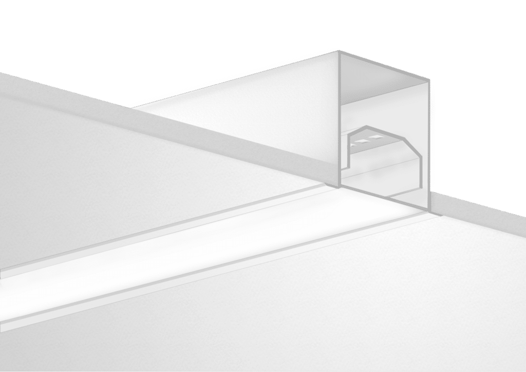 wall mounted extruded illumination 3" wide linear light fixture for direct illumination in offices, retail, and other professional spaces
