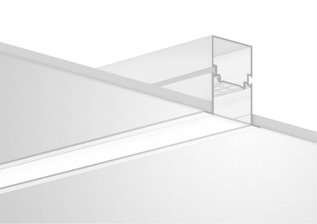 recessed , shallow-housing 2" wide linear led light fixture for direct illumination light distribution