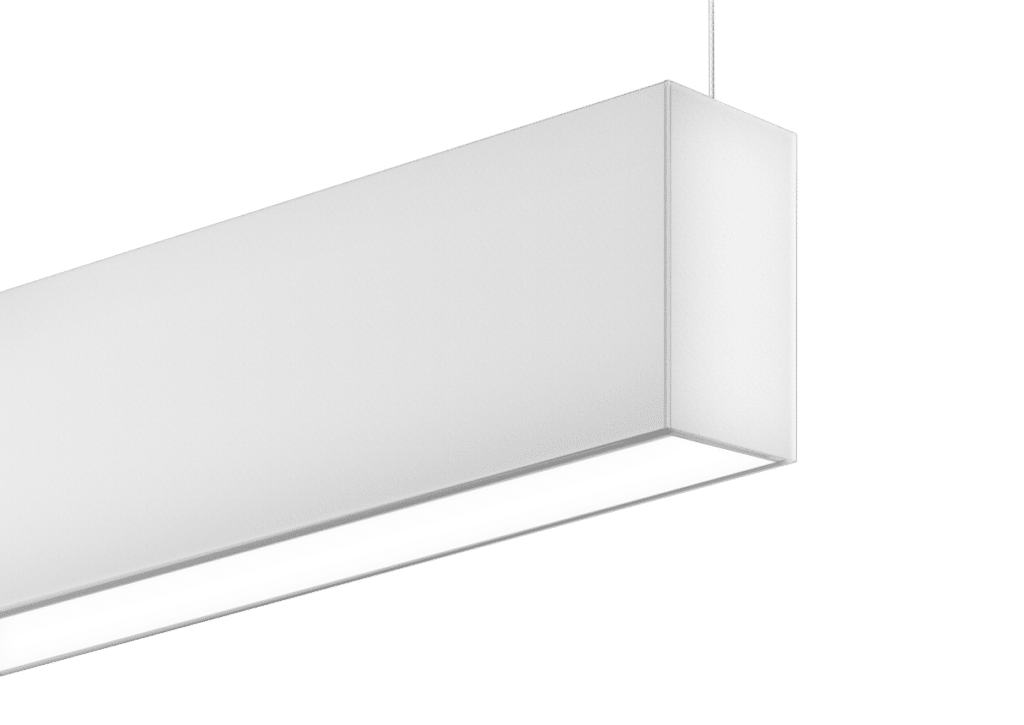 suspended linear 2" wide light fixture with extended acrylic lenses for indirect and direct illumination applications in offices, confreence rooms, libraries, schools and other indoor applications