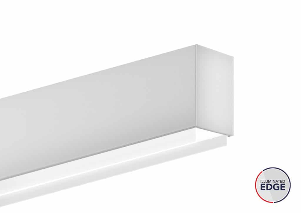 ceiling mounted linear LED 2" wide light fixture with extended acrylic lenses and edge lit technology for direct illumination applications